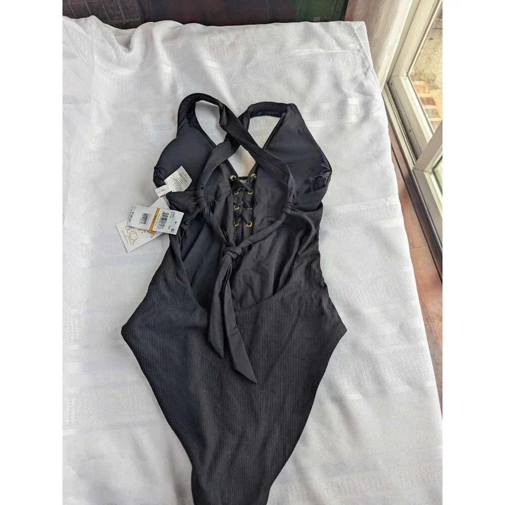 NWT Becca by Rebecca Virtue One Piece Swimsuit Black Lace Up Plunge Size Small